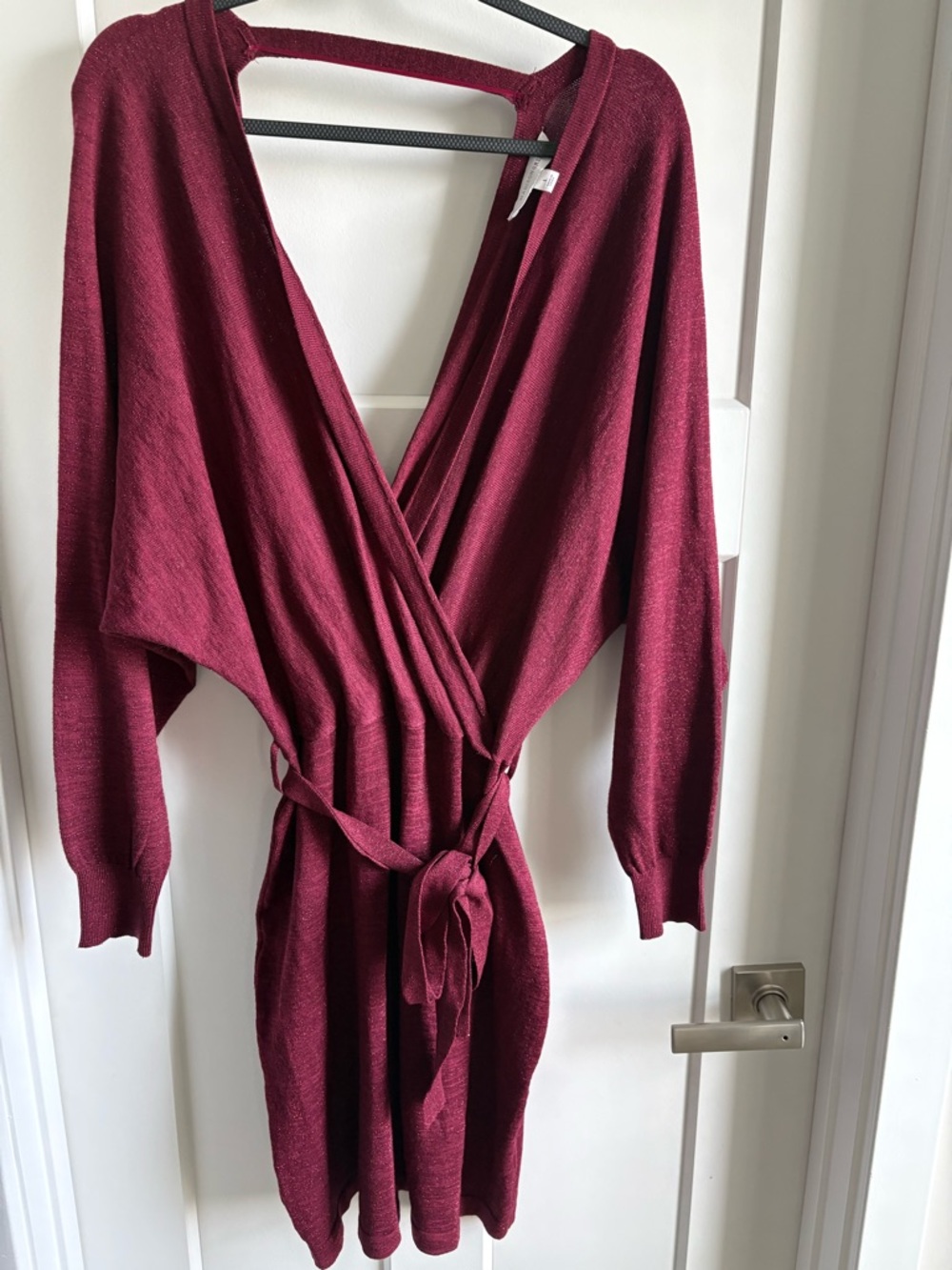 Women's Deep Wine Knit Wrap Dress with Belt - Picture 2 of 3
